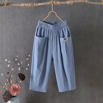 Ženske hlače od pamuka i lana, 3/4 dužine, haremski stil, srednji pojas, labav kroj, ljetna casual odjeća