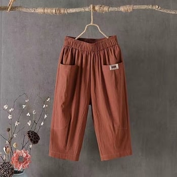 Ženske hlače od pamuka i lana, 3/4 dužine, haremski stil, srednji pojas, labav kroj, ljetna casual odjeća
