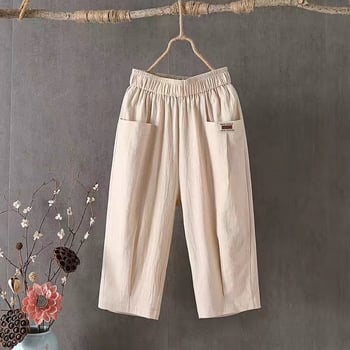 Ženske hlače od pamuka i lana, 3/4 dužine, haremski stil, srednji pojas, labav kroj, ljetna casual odjeća