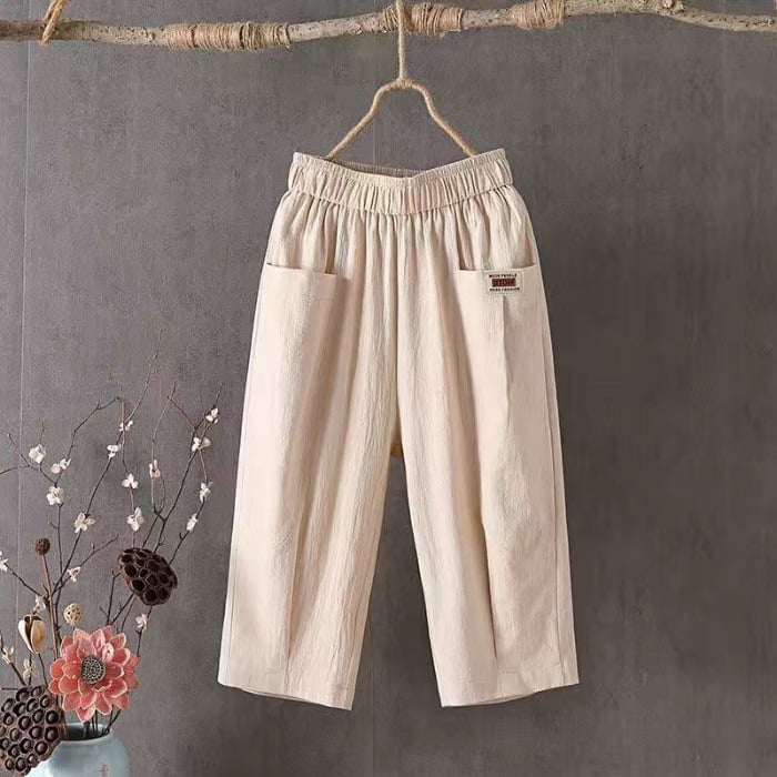Ženske hlače od pamuka i lana, 3/4 dužine, haremski stil, srednji pojas, labav kroj, ljetna casual odjeća