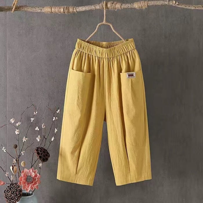 Ženske hlače od pamuka i lana, 3/4 dužine, haremski stil, srednji pojas, labav kroj, ljetna casual odjeća