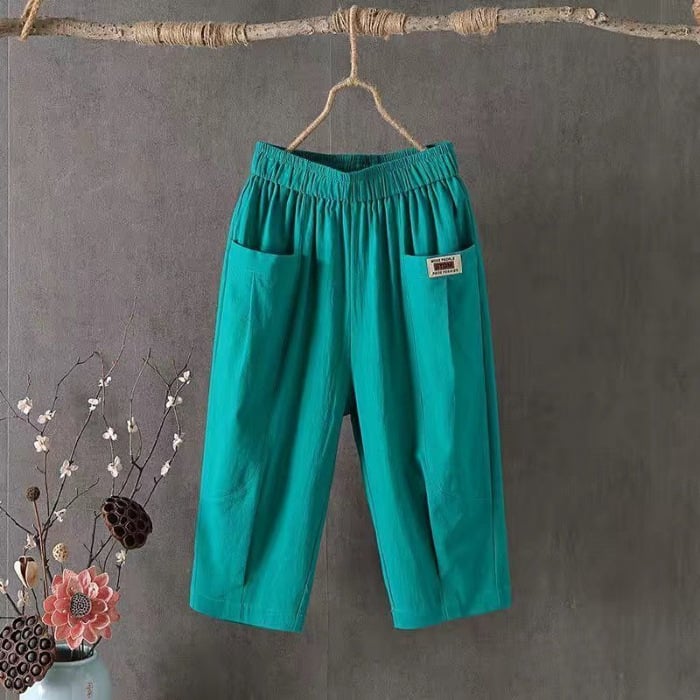 Ženske hlače od pamuka i lana, 3/4 dužine, haremski stil, srednji pojas, labav kroj, ljetna casual odjeća
