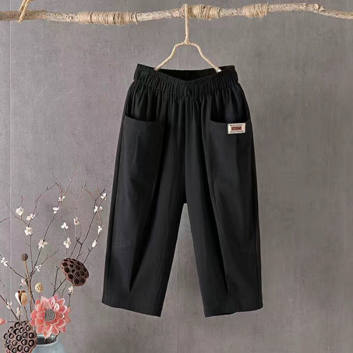Ženske hlače od pamuka i lana, 3/4 dužine, haremski stil, srednji pojas, labav kroj, ljetna casual odjeća