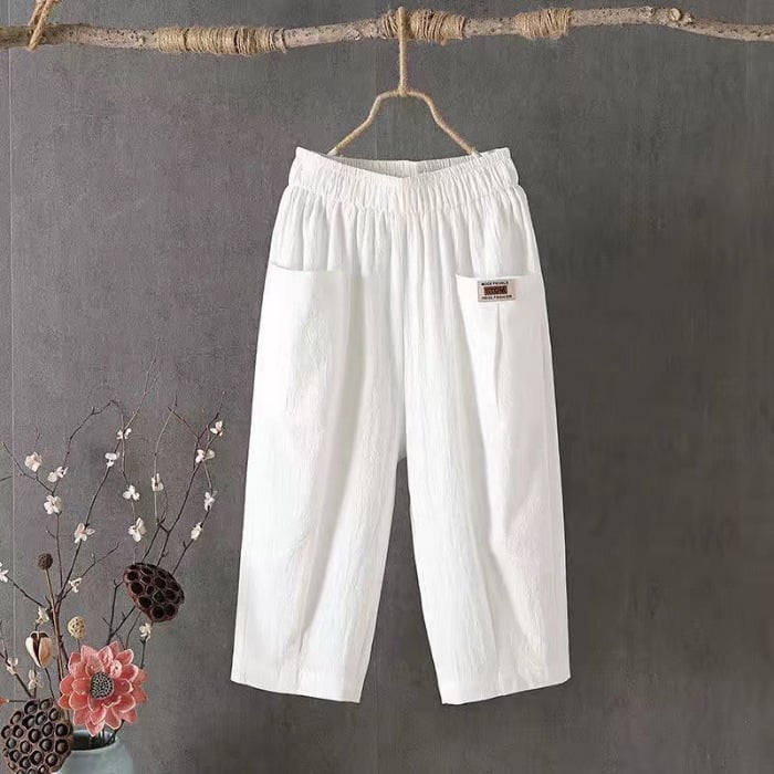 Ženske hlače od pamuka i lana, 3/4 dužine, haremski stil, srednji pojas, labav kroj, ljetna casual odjeća