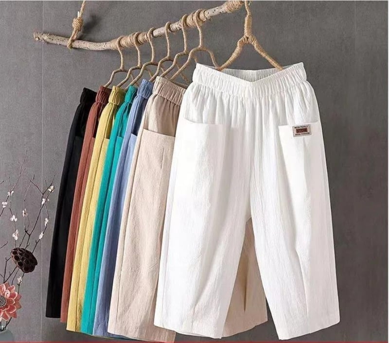 Ženske hlače od pamuka i lana, 3/4 dužine, haremski stil, srednji pojas, labav kroj, ljetna casual odjeća