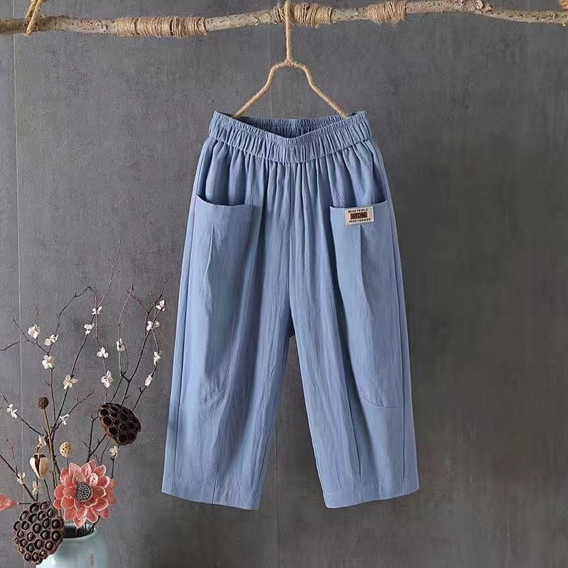 Ženske hlače od pamuka i lana, 3/4 dužine, haremski stil, srednji pojas, labav kroj, ljetna casual odjeća