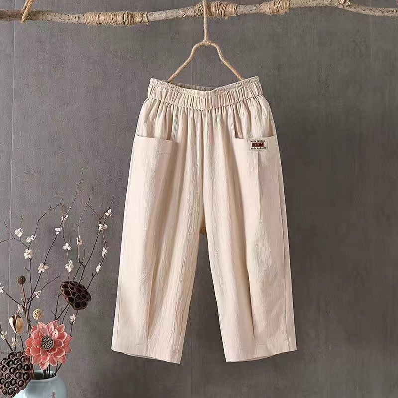 Ženske hlače od pamuka i lana, 3/4 dužine, haremski stil, srednji pojas, labav kroj, ljetna casual odjeća