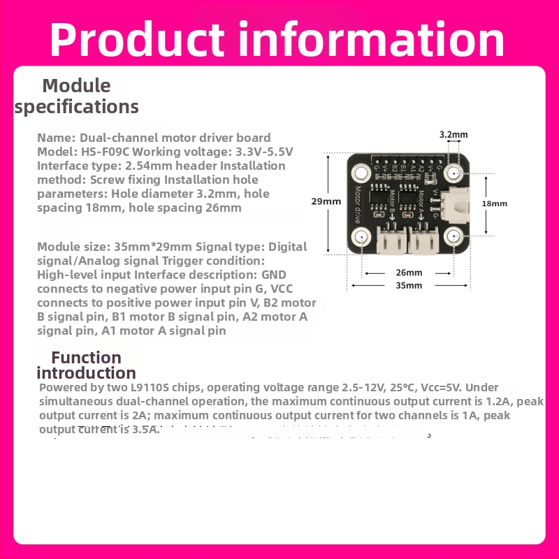 L9110S dvojkanálny modul riadenia motorov pre robot na sledovanie čiary, kompatibilný s Arduino senzorovým kitom (HS-F09A: jednorazový vysoký úrovne spúšťač; dvojitý pohon motorov; prevádzková teplota 30)