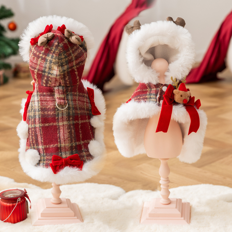 Pelerină pentru câini cu glugă, model carouri, iarnă – poliester, stil drăguț, potrivire universală