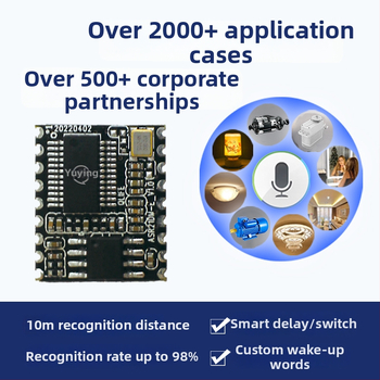 Offline modul za prepoznavanje glasa za pametni dom — Višestruka podrška jezika: engleski, japanski, korejski, ruski, kantonščina; Vodootporan, snažno smanjenje buke, offline prirodni govor; Napajanje 2.8–3.6V, niska potrošnja 1–20 mA (do 330 mA)