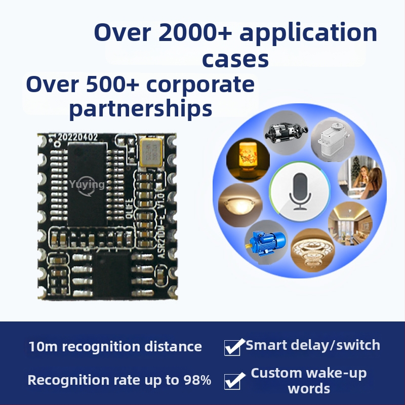 Offline modul za prepoznavanje glasa za pametni dom — Višestruka podrška jezika: engleski, japanski, korejski, ruski, kantonščina; Vodootporan, snažno smanjenje buke, offline prirodni govor; Napajanje 2.8–3.6V, niska potrošnja 1–20 mA (do 330 mA)