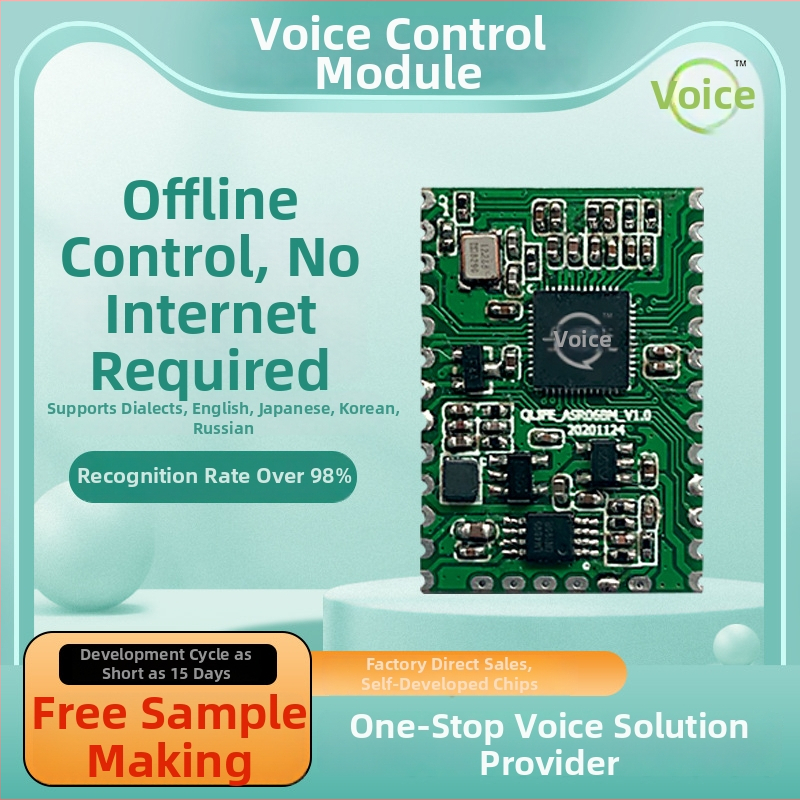 Offline modul za prepoznavanje glasa za pametni dom — Višestruka podrška jezika: engleski, japanski, korejski, ruski, kantonščina; Vodootporan, snažno smanjenje buke, offline prirodni govor; Napajanje 2.8–3.6V, niska potrošnja 1–20 mA (do 330 mA)
