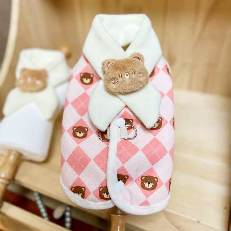 Pamukasti kaput za kućne ljubimce s dijamantno-kariranim motivom medvjedića, podstaknut flisom, s šalom, unisex
