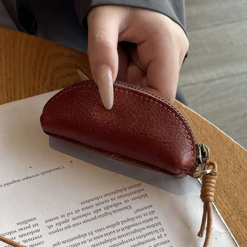 Uniszex mini érme-táska valódi bőrből, növényi cserszínű bőrből, egyszínű mintázat, utcai divat stílus, bélés nélkül