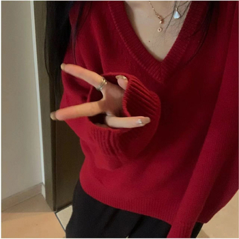 Ženski vuneni džemper s V-izrezom, debeli pleteni, labav kroj, dugi rukavi, 95%+ vuna