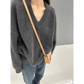 Ženski vuneni džemper s V-izrezom, debeli pleteni, labav kroj, dugi rukavi, 95%+ vuna