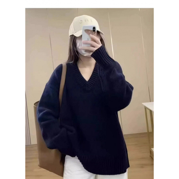 Ženski vuneni džemper s V-izrezom, debeli pleteni, labav kroj, dugi rukavi, 95%+ vuna