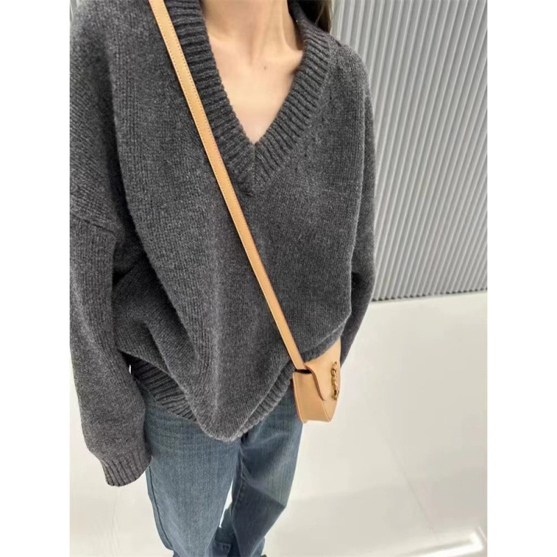 Ženski vuneni džemper s V-izrezom, debeli pleteni, labav kroj, dugi rukavi, 95%+ vuna