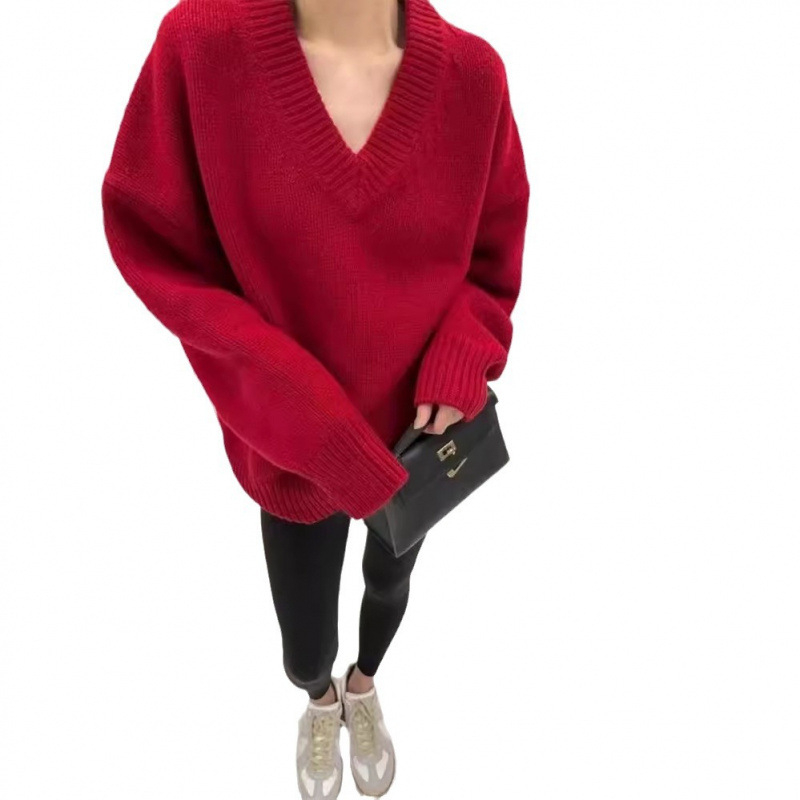 Ženski vuneni džemper s V-izrezom, debeli pleteni, labav kroj, dugi rukavi, 95%+ vuna
