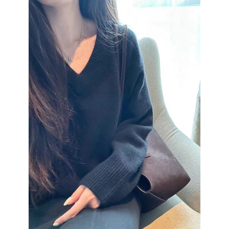 Ženski vuneni džemper s V-izrezom, debeli pleteni, labav kroj, dugi rukavi, 95%+ vuna