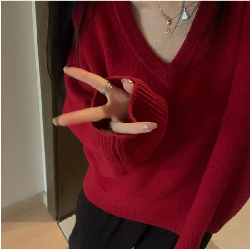 Ženski vuneni džemper s V-izrezom, debeli pleteni, labav kroj, dugi rukavi, 95%+ vuna