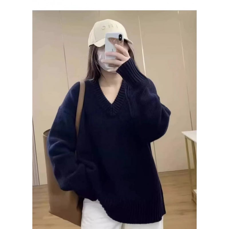 Ženski vuneni džemper s V-izrezom, debeli pleteni, labav kroj, dugi rukavi, 95%+ vuna