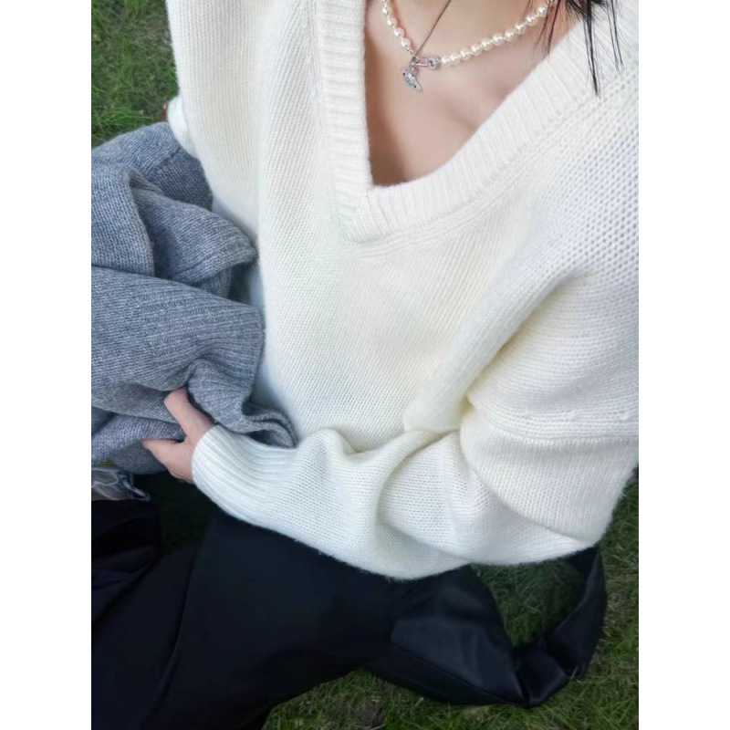 Ženski vuneni džemper s V-izrezom, debeli pleteni, labav kroj, dugi rukavi, 95%+ vuna
