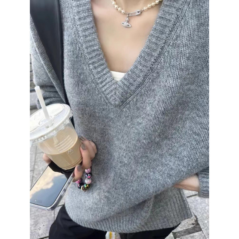 Ženski vuneni džemper s V-izrezom, debeli pleteni, labav kroj, dugi rukavi, 95%+ vuna