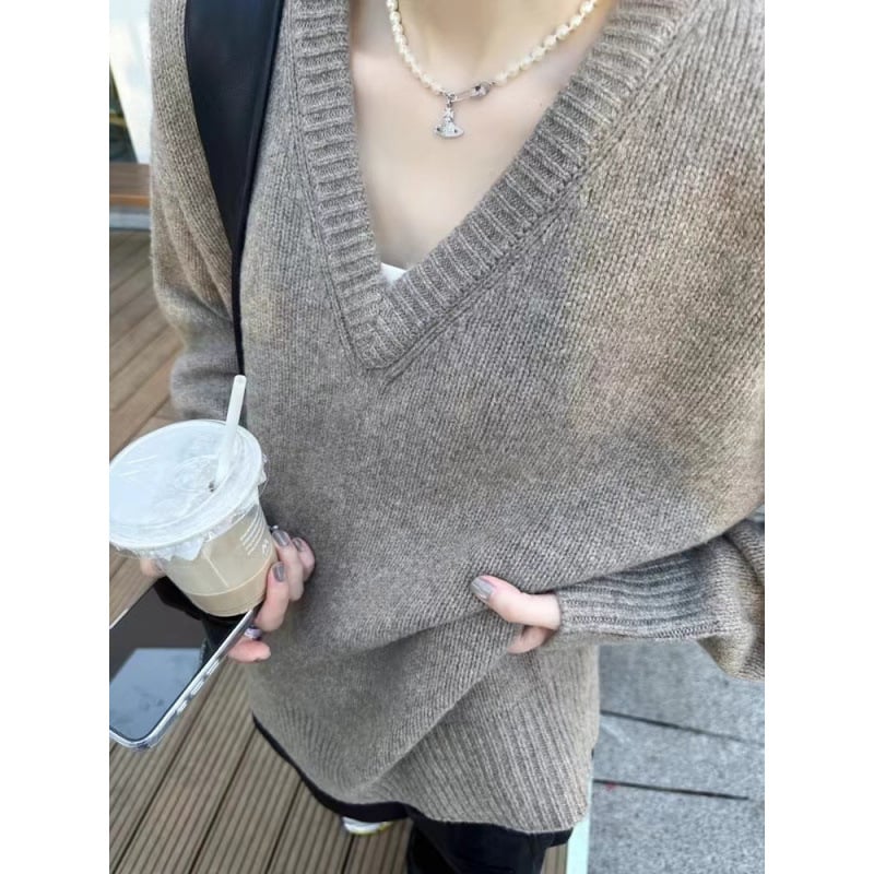 Ženski vuneni džemper s V-izrezom, debeli pleteni, labav kroj, dugi rukavi, 95%+ vuna