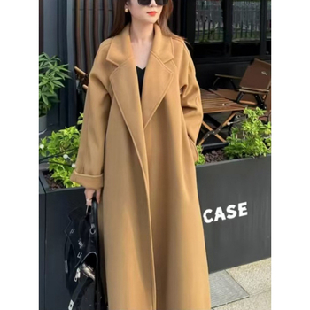 Γυναικείο διπλής όψεως παλτό μαλλιού με δέσιμο, μακρύ μήκος, χαλαρή γραμμή, γιακά τύπου σακάκι