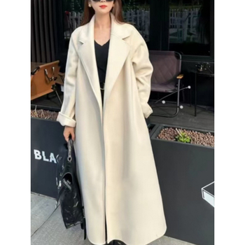 Γυναικείο διπλής όψεως παλτό μαλλιού με δέσιμο, μακρύ μήκος, χαλαρή γραμμή, γιακά τύπου σακάκι