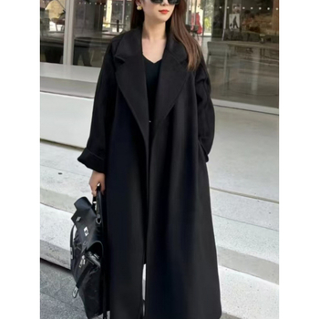 Γυναικείο διπλής όψεως παλτό μαλλιού με δέσιμο, μακρύ μήκος, χαλαρή γραμμή, γιακά τύπου σακάκι