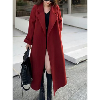 Γυναικείο διπλής όψεως παλτό μαλλιού με δέσιμο, μακρύ μήκος, χαλαρή γραμμή, γιακά τύπου σακάκι