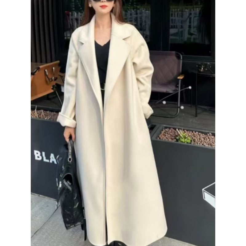 Γυναικείο διπλής όψεως παλτό μαλλιού με δέσιμο, μακρύ μήκος, χαλαρή γραμμή, γιακά τύπου σακάκι