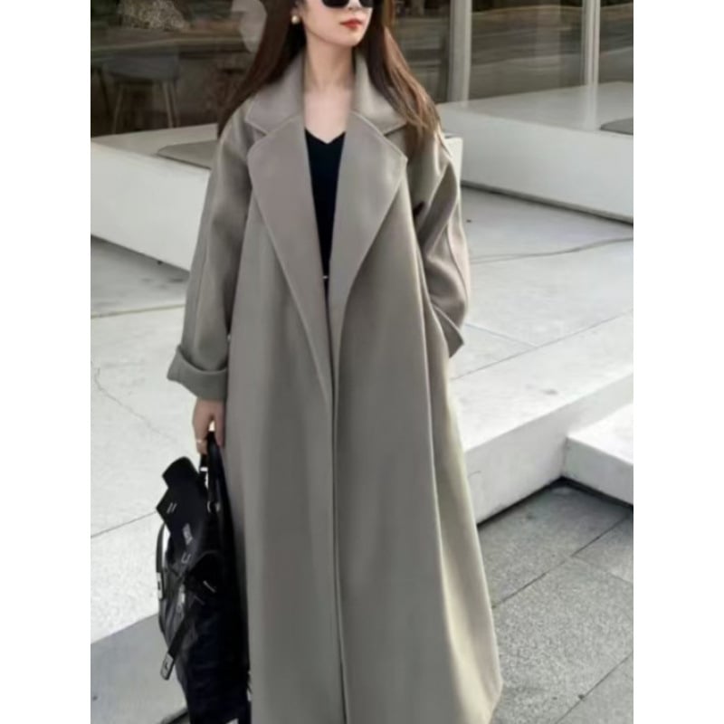 Γυναικείο διπλής όψεως παλτό μαλλιού με δέσιμο, μακρύ μήκος, χαλαρή γραμμή, γιακά τύπου σακάκι