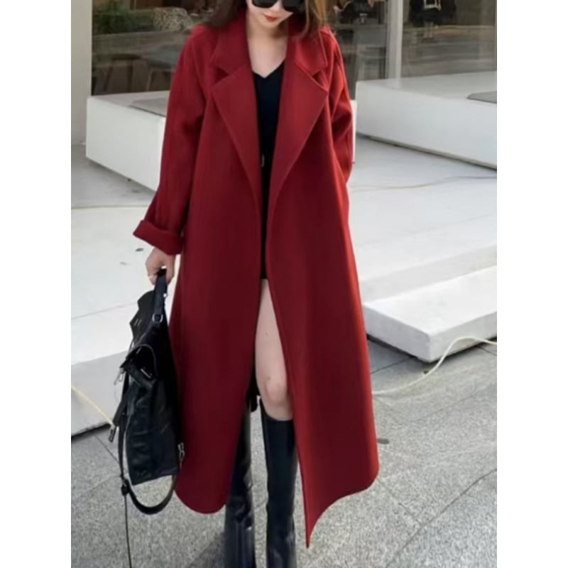 Γυναικείο διπλής όψεως παλτό μαλλιού με δέσιμο, μακρύ μήκος, χαλαρή γραμμή, γιακά τύπου σακάκι