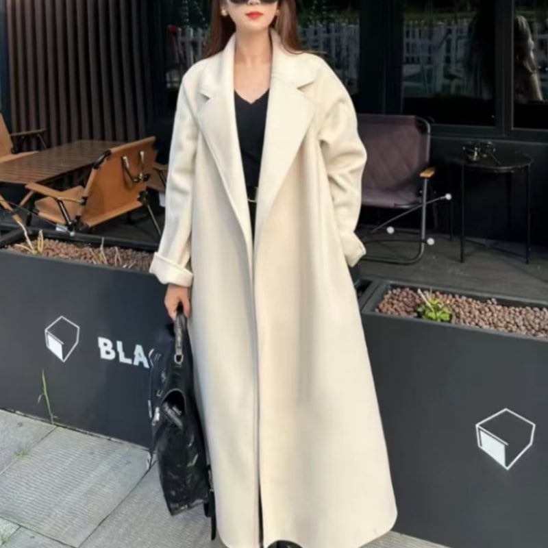 Γυναικείο διπλής όψεως παλτό μαλλιού με δέσιμο, μακρύ μήκος, χαλαρή γραμμή, γιακά τύπου σακάκι