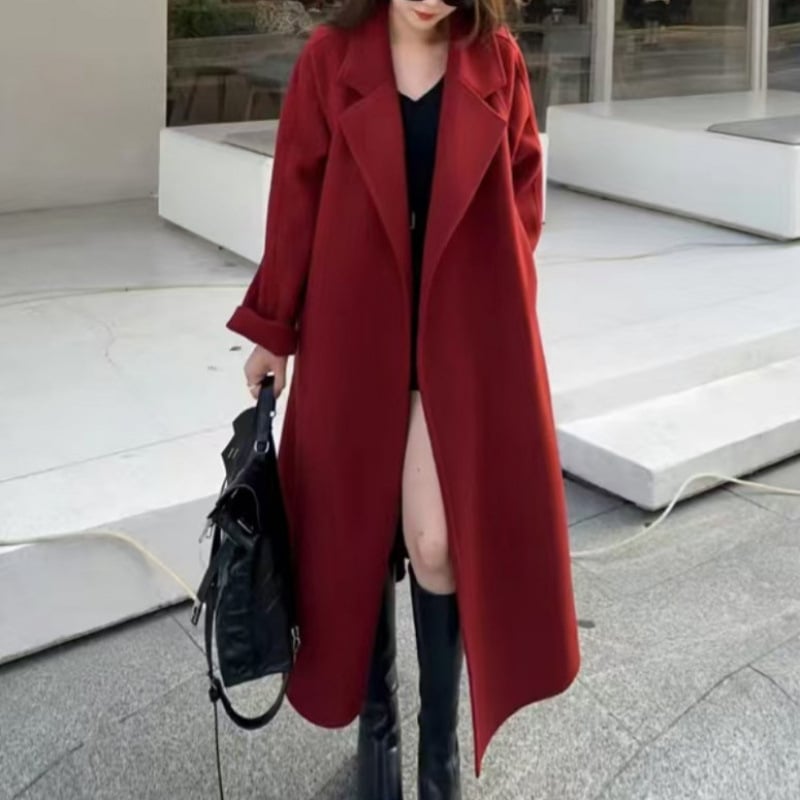 Γυναικείο διπλής όψεως παλτό μαλλιού με δέσιμο, μακρύ μήκος, χαλαρή γραμμή, γιακά τύπου σακάκι