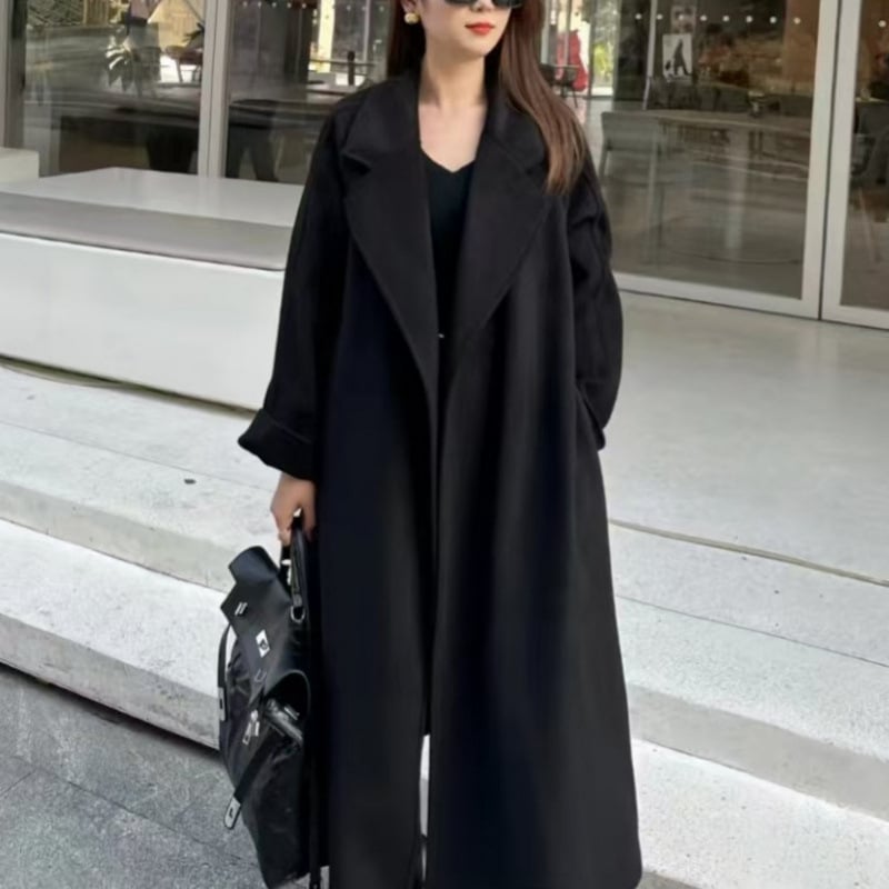 Γυναικείο διπλής όψεως παλτό μαλλιού με δέσιμο, μακρύ μήκος, χαλαρή γραμμή, γιακά τύπου σακάκι