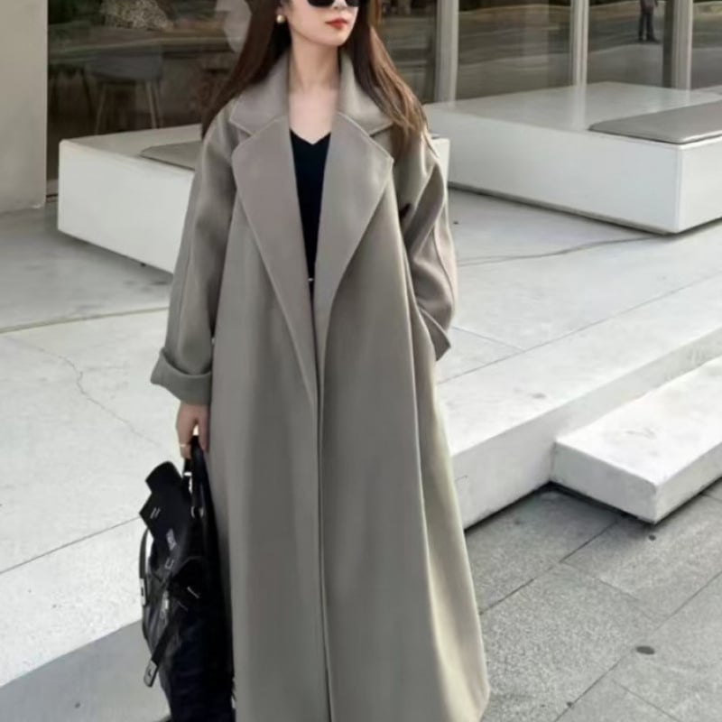 Γυναικείο διπλής όψεως παλτό μαλλιού με δέσιμο, μακρύ μήκος, χαλαρή γραμμή, γιακά τύπου σακάκι