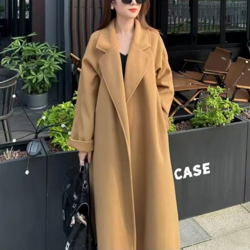 Γυναικείο διπλής όψεως παλτό μαλλιού με δέσιμο, μακρύ μήκος, χαλαρή γραμμή, γιακά τύπου σακάκι