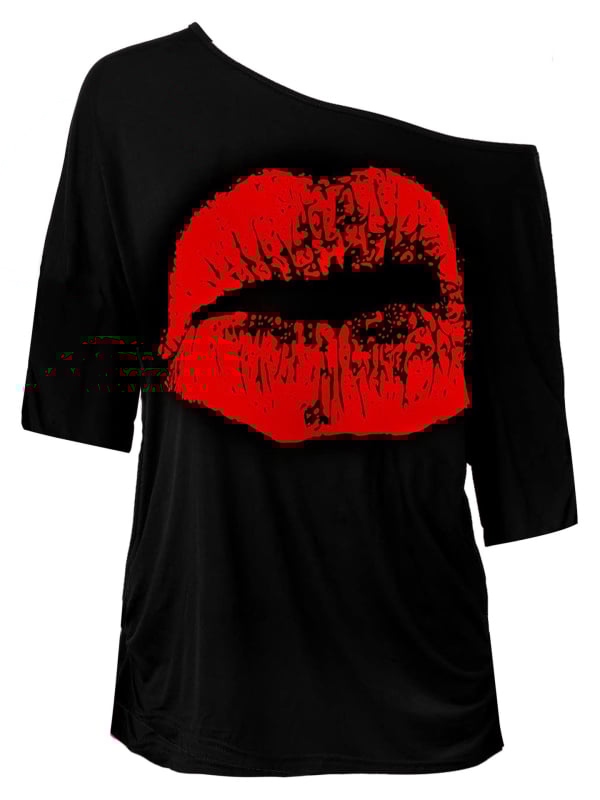 Tricou cu imprimeu buze mari, nostalgie 80-e, fără bretele, mâneci raglan scurte, croi lejer, guler înclinat, poliester, lungime medie, vară 2025