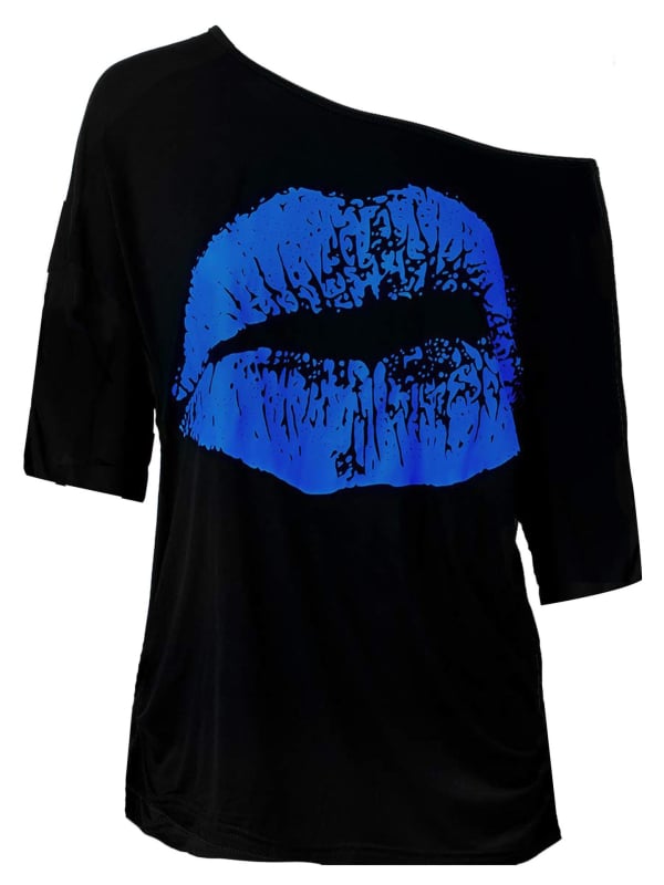 Tricou cu imprimeu buze mari, nostalgie 80-e, fără bretele, mâneci raglan scurte, croi lejer, guler înclinat, poliester, lungime medie, vară 2025