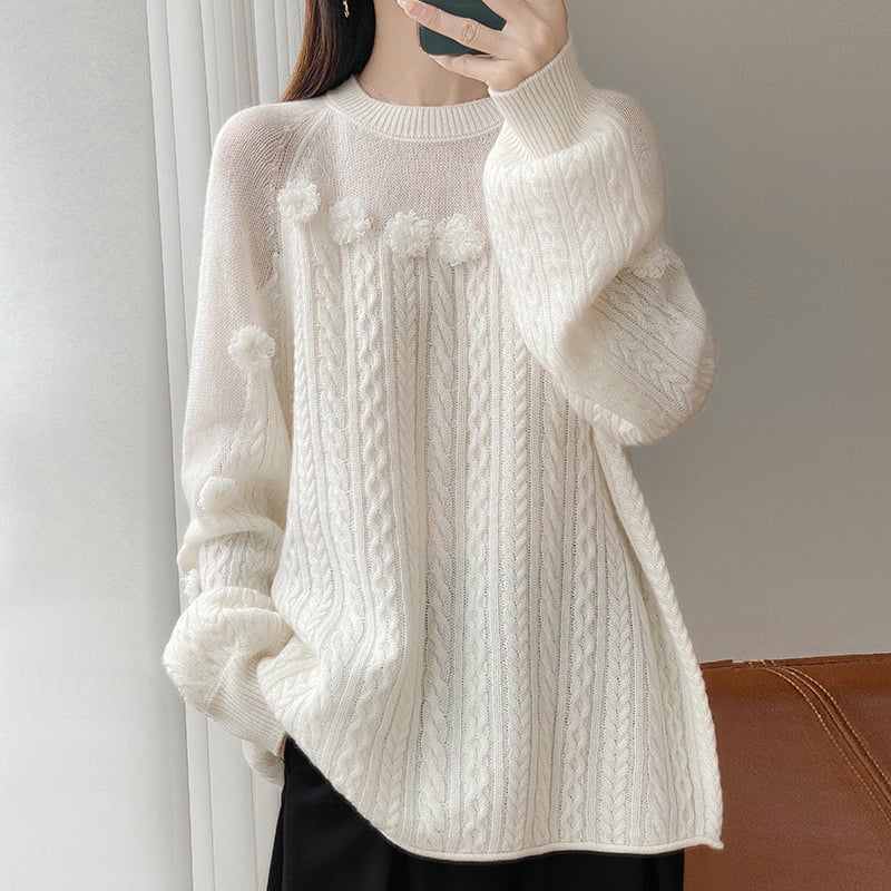 Pulover damă din lână 100% cu glugă, broderie pe jacquard, guler rotund, mâneci lungi, croială lejeră