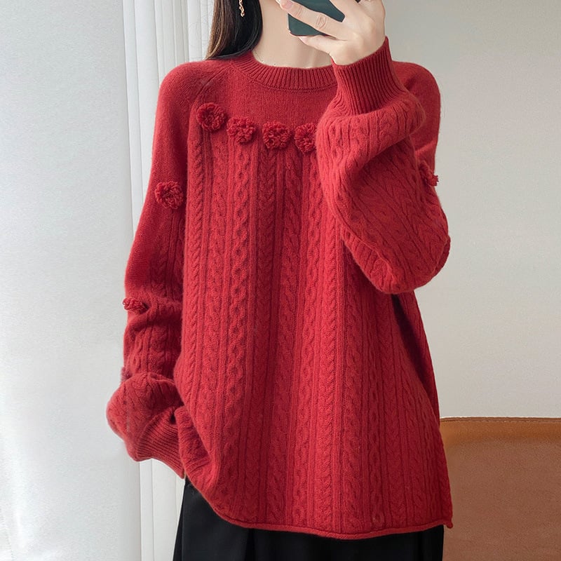 Pulover damă din lână 100% cu glugă, broderie pe jacquard, guler rotund, mâneci lungi, croială lejeră