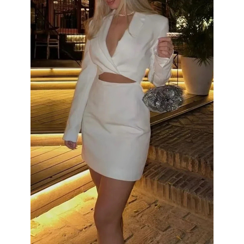 Costum fustă pentru femei cu talie strânsă, decolteu în V adânc, design decupat, poliester, mâneci lungi, stil street-hipster