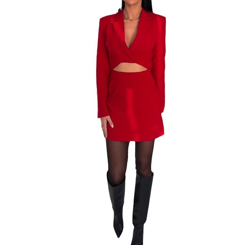 Costum fustă pentru femei cu talie strânsă, decolteu în V adânc, design decupat, poliester, mâneci lungi, stil street-hipster