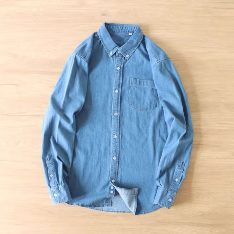 Muška košulja od pamuk denima s dugim rukavima i dvostrukim džepovima, 20-count pamuk, Turn-Down ovratnik, Topstitching, casual proljeće–jesen