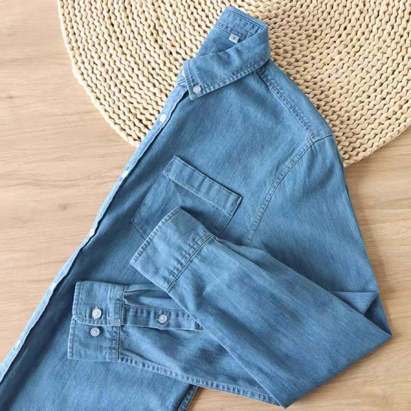 Muška košulja od pamuk denima s dugim rukavima i dvostrukim džepovima, 20-count pamuk, Turn-Down ovratnik, Topstitching, casual proljeće–jesen