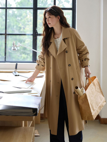 Jachetă cardigan din bumbac, lungă, cu guler înalt, croială lejeră, nasturi dubli, mâneci lungi